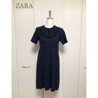 ザラ(ZARA)のZARAザラ　レース　くるみボタン　半袖　ニット　ワンピース　ネイビー　M(ひざ丈ワンピース)