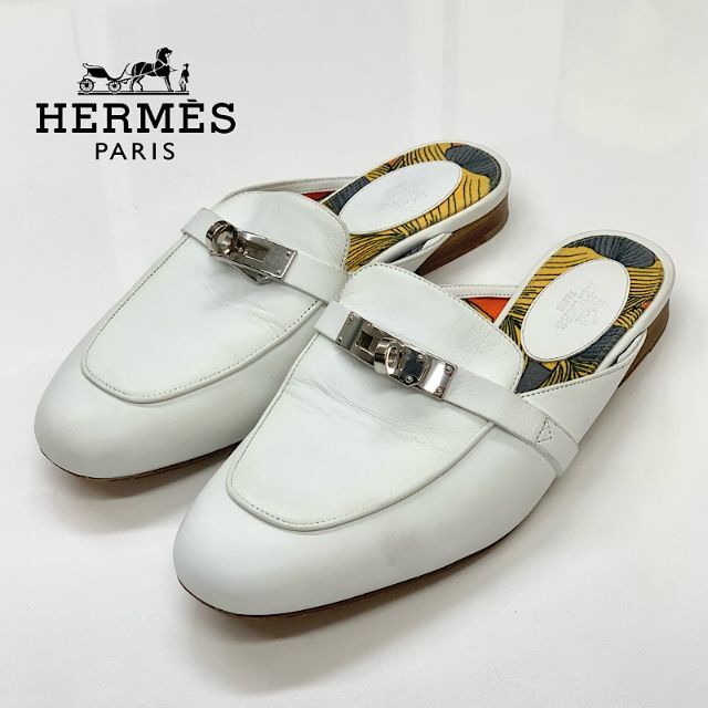 人気TOP エルメス 4607 - Hermes オズ ホワイト フラットシューズ ケリー金具 レザー サンダル