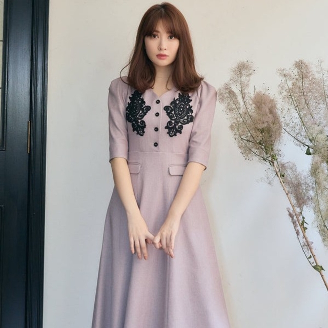 Lace Motif Twill Long Dress