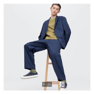 ユニクロ(UNIQLO)のUNIQLO✖️MARNI ワイドフィットタックパンツ　ブルーチェック(スラックス)