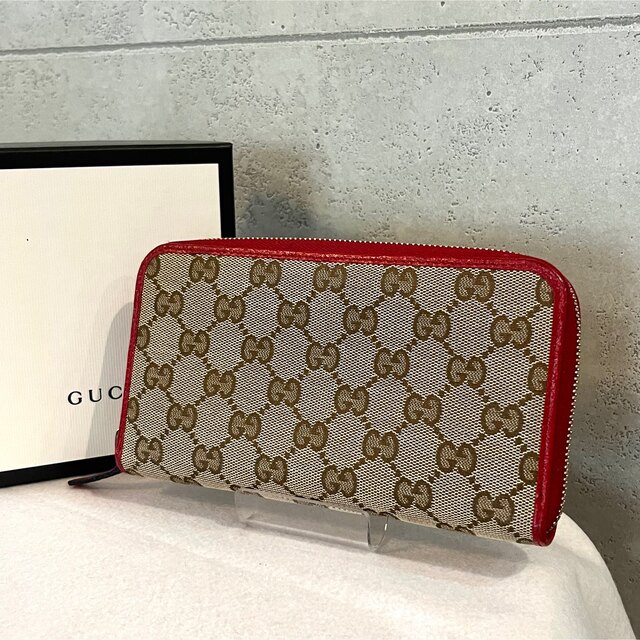 美品】グッチ 長財布 ラウンドファスナー GG キャンバス 本革 赤 美品】グッチ 長財布 ラウンドファスナー GG キャンバス 本革 赤
