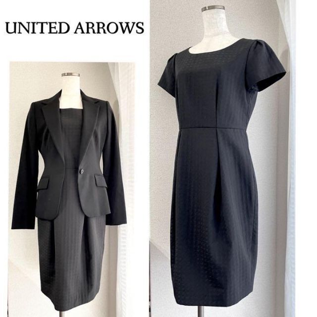 UNITED ARROWS(ユナイテッドアローズ)の高級感あるブラックの千鳥格子♪　膝丈ワンピース　フリーサイズ　ブラック レディースのワンピース(ひざ丈ワンピース)の商品写真