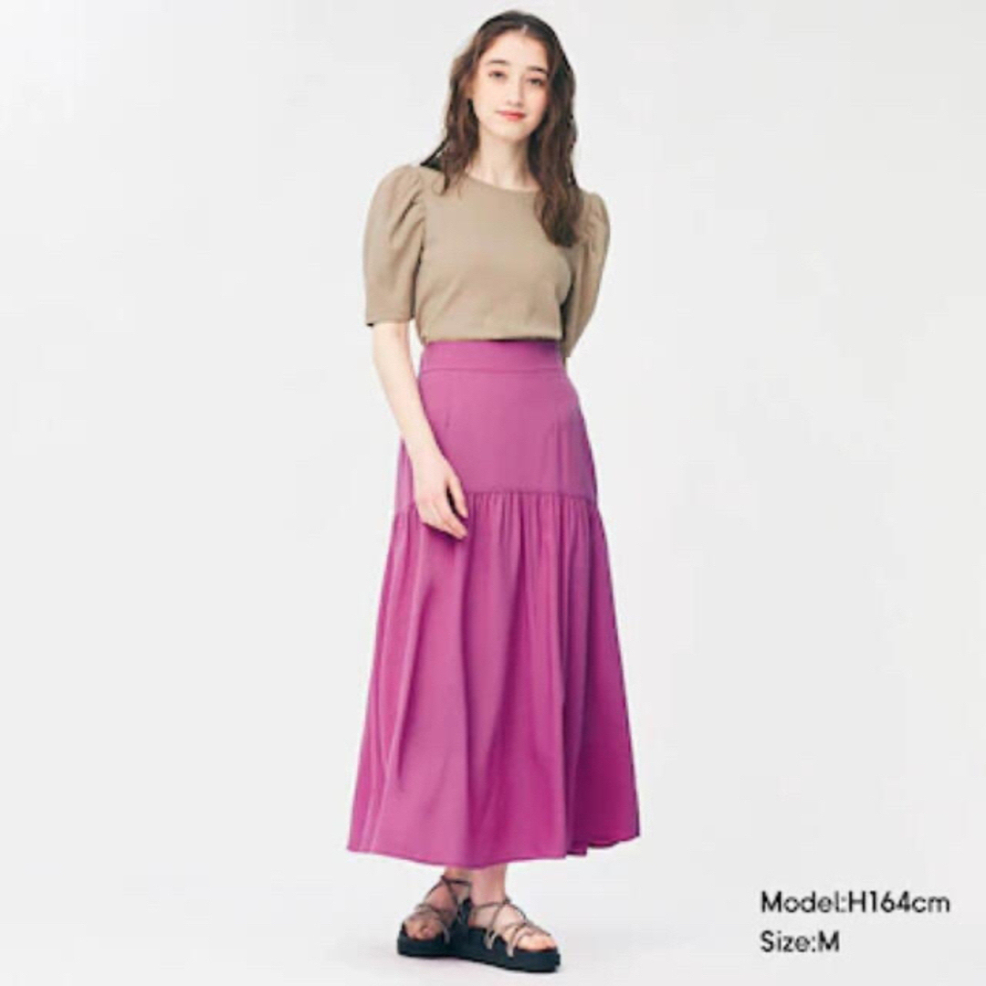 GU(ジーユー)のGU ティアードフレアロングスカートQ ピンク XS レディースのスカート(ロングスカート)の商品写真