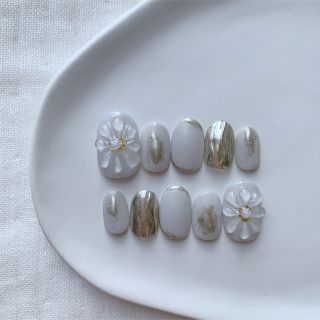 【現品】ネイルチップ ニュアンス ミラーネイル プックリフラワーネイルシンプル