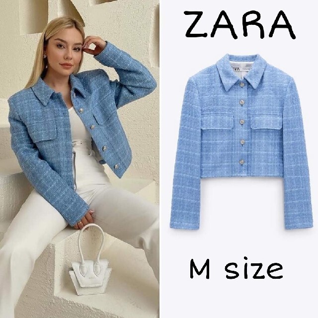 ZARA(ザラ)の【完売品】ZARA　テクスチャー素材　クロップド丈ブレザー　Mサイズ　ブルー レディースのジャケット/アウター(ノーカラージャケット)の商品写真