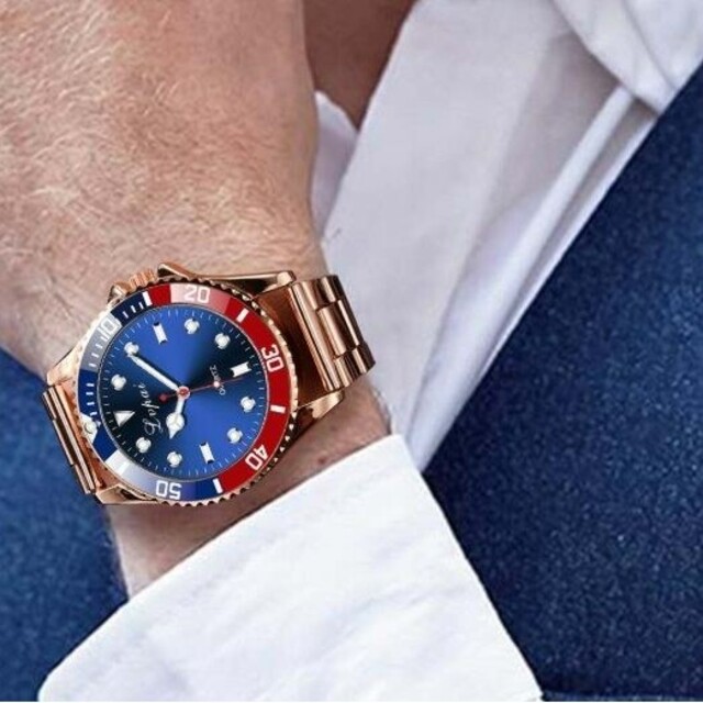 新品 送料込み メンズ ビジネス クォーツ 腕時計 ゴールド×青赤 メンズの時計(腕時計(アナログ))の商品写真