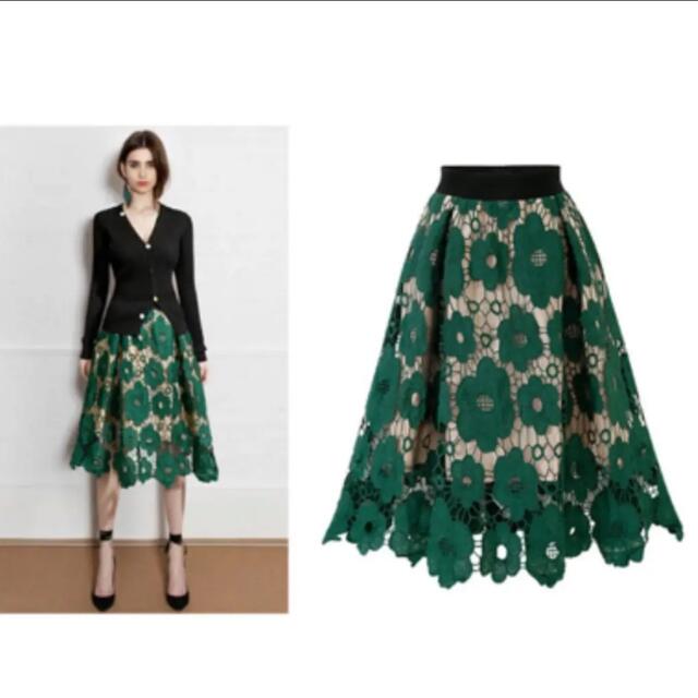 【新品】 レーススカート グリーン 花柄 フリーサイズ レディースのスカート(ひざ丈スカート)の商品写真