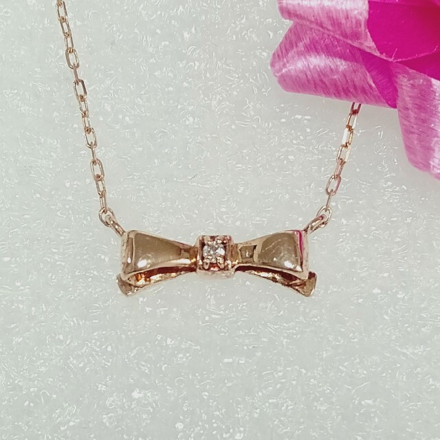 【新品】k10/10金/ダイヤモンド0.01ct/リボンネックレスピンクゴールド