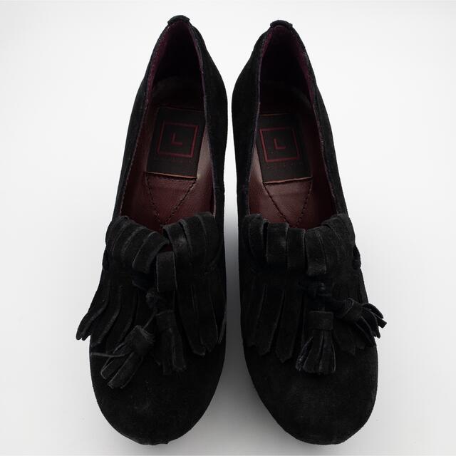 ROGAN(ローガン)の【新品】可愛いリボンのウェッジソール スエードパンプス LOGAN 黒 35 レディースの靴/シューズ(ハイヒール/パンプス)の商品写真