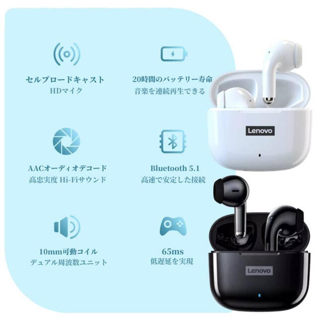 Lenovo(レノボ)のLenovo Bluetooth イヤホン LP40Pro おまけ付き ホワイト スマホ/家電/カメラのオーディオ機器(ヘッドフォン/イヤフォン)の商品写真