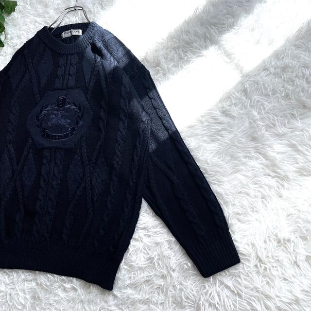 英国製 希少 Burberrys 刺繍ロゴ ニット セーター ケーブル 紺 2022年新作入荷 ヴィンテージ BURBERRY バーバリー セーター 英国製 カーキ ニット ニット/セーター