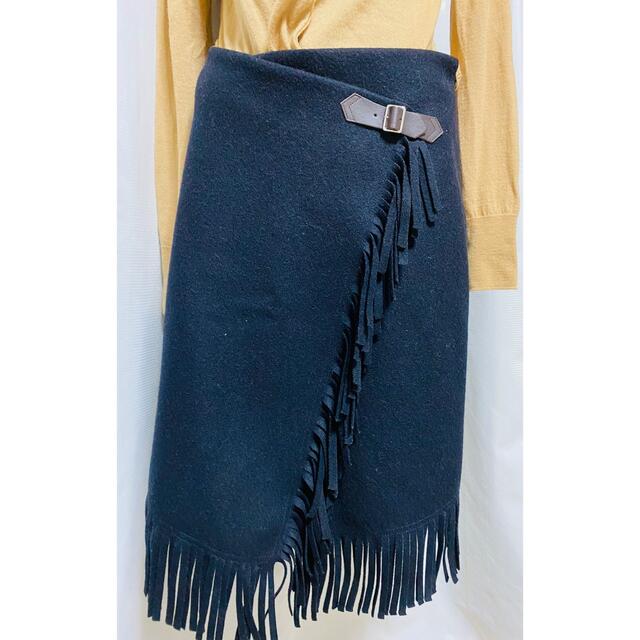 Ray BEAMS(レイビームス)の美品　ビームスフリンジ巻きスカート　ネイビー9号　ウール レディースのスカート(ひざ丈スカート)の商品写真