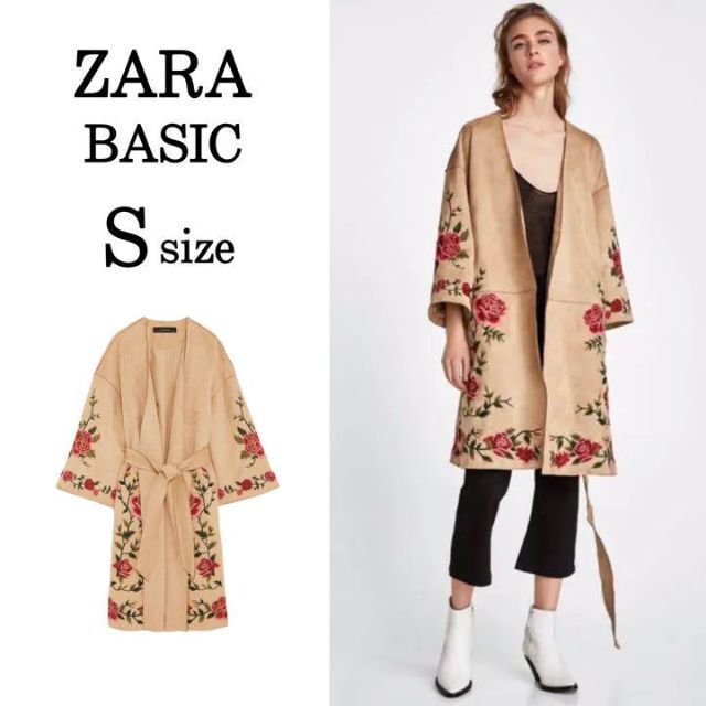 ZARA BASIC フラワー刺繍入り　ロングコート　花柄刺繍　ベージュ　S