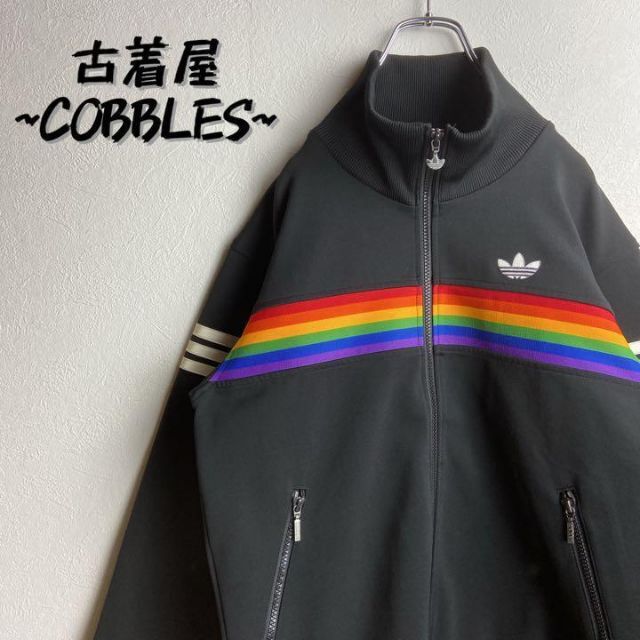 【デサント製】adidasトラックジャケットワンポイント刺繍レインボー柄M.