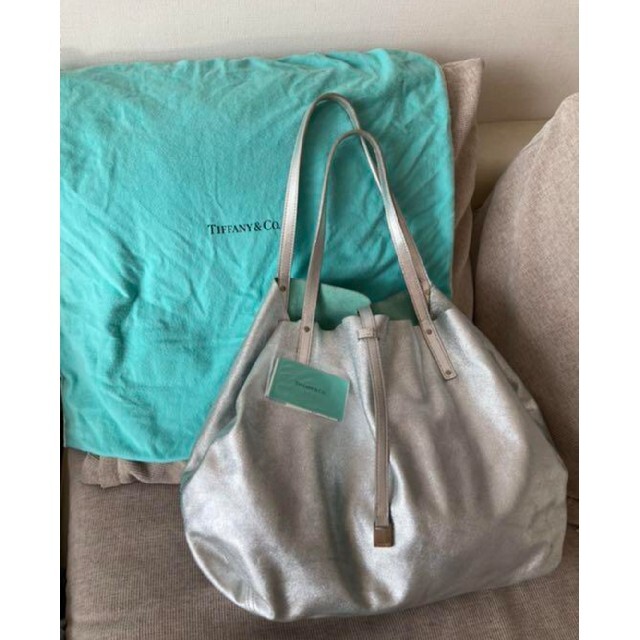 TIFFANYリバーシブルトートバッグ外袋ポーチ付シルバーレザーブルースウェード