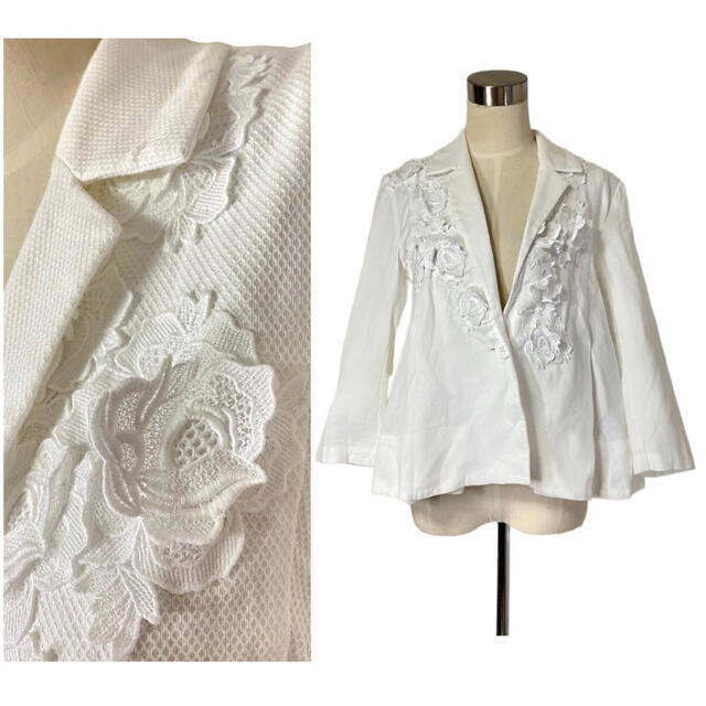 イタリア製 定価28万 白いバラ咲く刺繍装飾 裾フレアジャケット