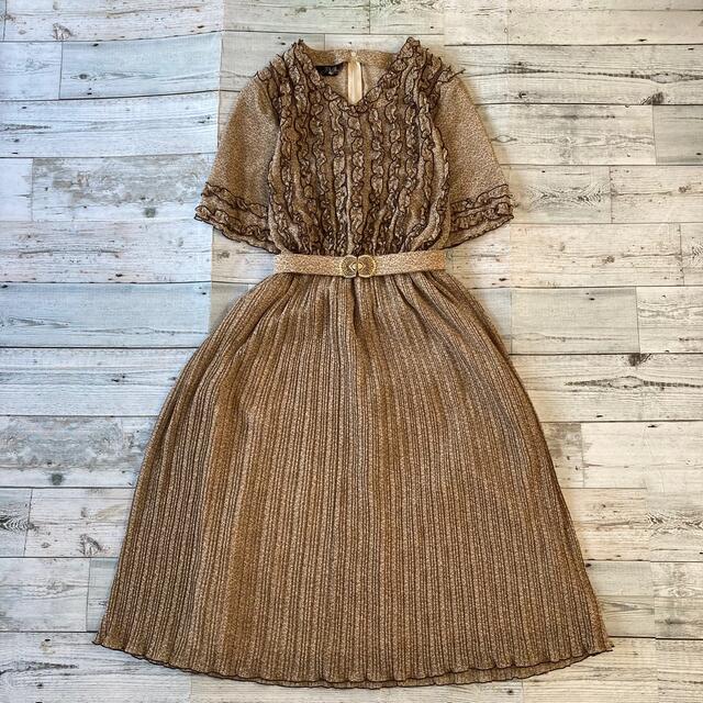 昭和レトロ小花柄ロングワンピースフリル付きプリーツベルト付きブラウン古着.