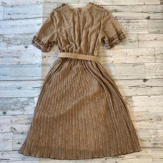 昭和レトロ小花柄ロングワンピースフリル付きプリーツベルト付きブラウン古着.