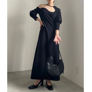 アメリヴィンテージ(Ameri VINTAGE)のLAKE CURVE TRICOT RIB DRESS ブラック　Mサイズ(ロングドレス)