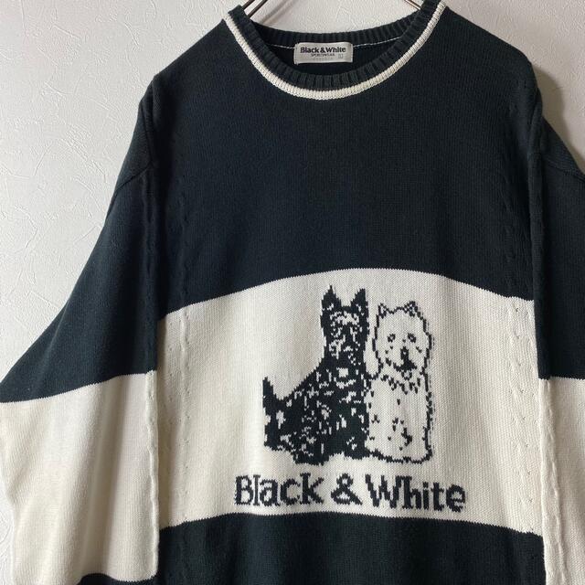 90’s BLACK&WHITE 犬 モノトーン コットンニット セーター