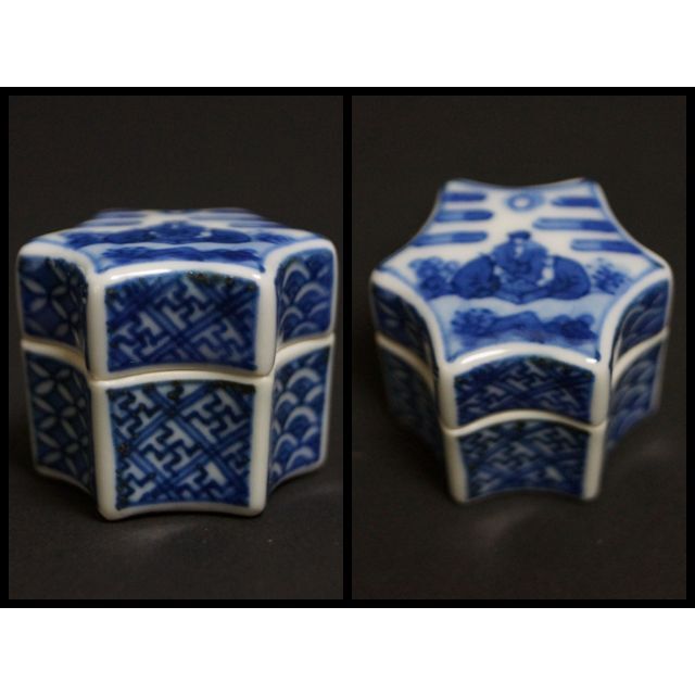 良好品】 茶道具 四代清風与平作 染付『祥瑞文』小ぶり六角香合 本正絹 良好品】 茶道具 四代清風与平作 染付『祥瑞文』小ぶり六角香合 本正絹