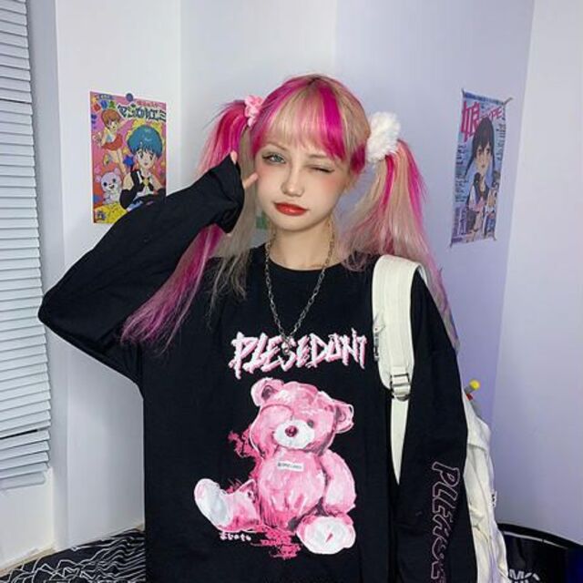  L 病みかわ くま テディベア ビッグシルエット ロングT シャツ ブラック レディースのトップス(Tシャツ(長袖/七分))の商品写真