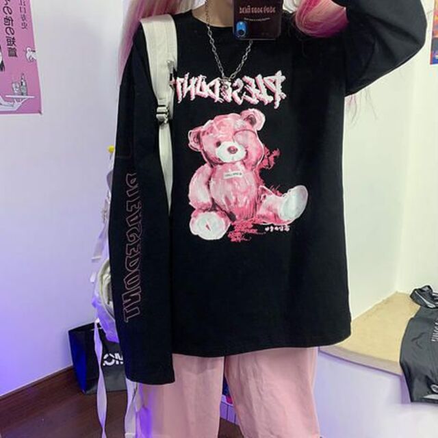  L 病みかわ くま テディベア ビッグシルエット ロングT シャツ ブラック レディースのトップス(Tシャツ(長袖/七分))の商品写真