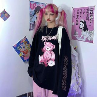  L 病みかわ くま テディベア ビッグシルエット ロングT シャツ ブラック(Tシャツ(長袖/七分))