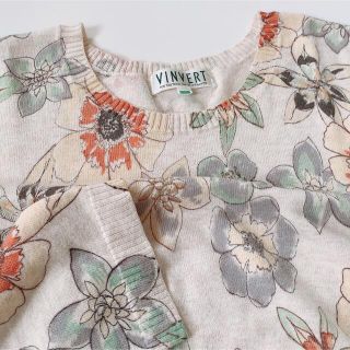 【美品】VINVELT バンベール 手描き風花柄綿ニット　コットン　七分袖(ニット/セーター)