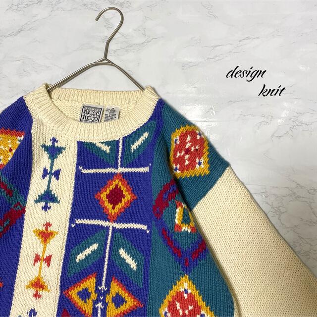 古着 90s メンズ ニット 刺繍 L セーター 希少 レトロ