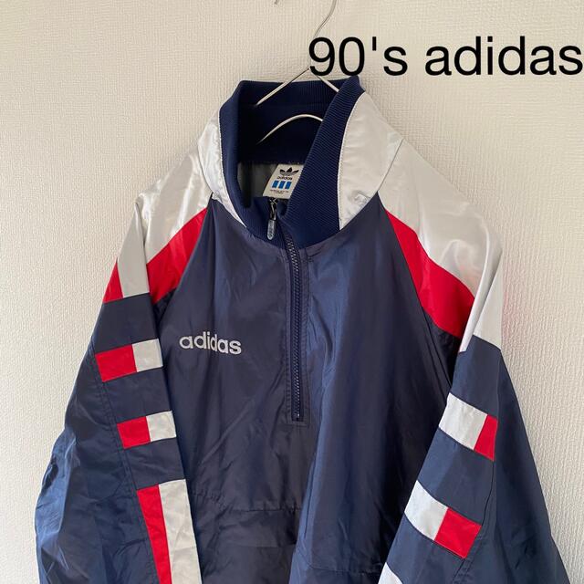 90'sadidasアディダスナイロンジャケットxlXLメンズ長袖ネイビー紺常田