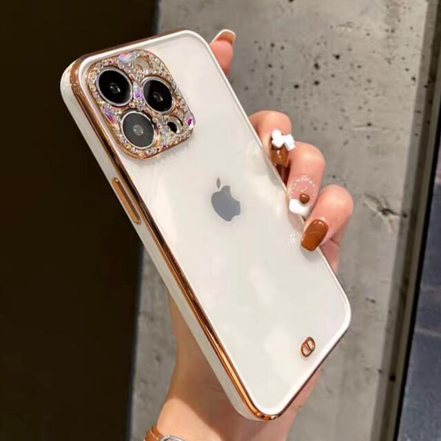 ホワイト　ストーン　可愛い　背面クリア　キラキラ　iPhone14Proケース スマホ/家電/カメラのスマホアクセサリー(iPhoneケース)の商品写真