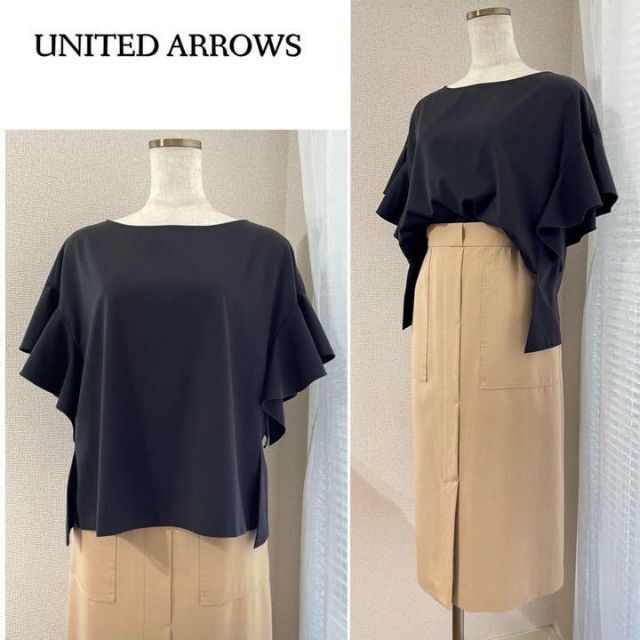 UNITED ARROWS(ユナイテッドアローズ)のたっぷりフリルが可愛い♪　袖フリル 半袖カットソー　S　ブラック レディースのトップス(Tシャツ(半袖/袖なし))の商品写真