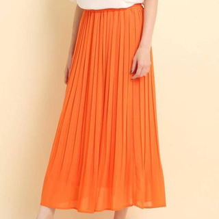 シフォン プリーツ ロング スカート　オレンジ　Lサイズ(ロングスカート)