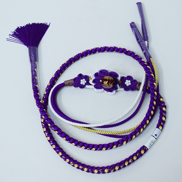 帯締め 正絹 飾り大 花飾り 飾り玉 パール 豪華金糸入 紫色 NO38037