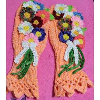 ハンドメイド 花柄 オレンジ 手袋(手袋)