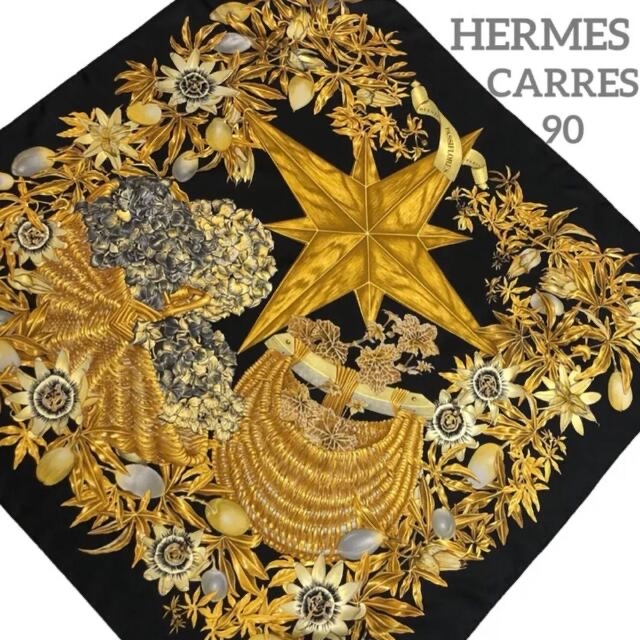 極美品 HERMES カレ90 シルク100% 大判スカーフ パッションフラワーバンダナ/スカーフ