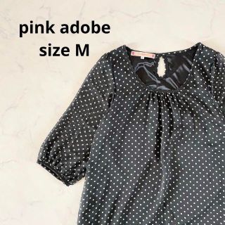 ピンクアドべ(PINK ADOBE)の【美品】Mサイズ　ピンクアドベ　ドット柄シフォンワンピース　カットソー　ふんわり(ひざ丈ワンピース)