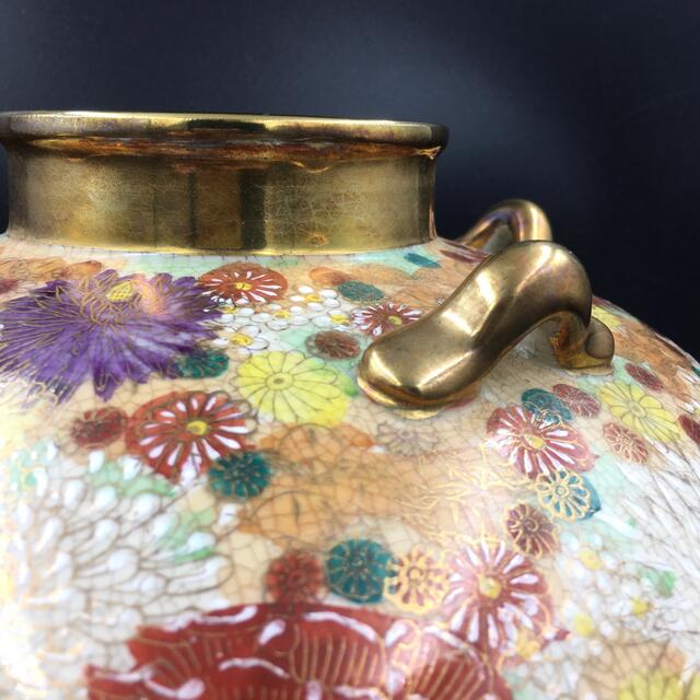 薩摩焼 丸十 花尽文 花瓶 壺 金襴手 島津家 古美術 管mpr - 工芸品