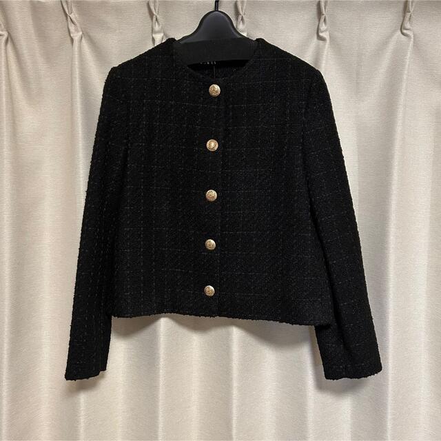 ZARA ノーカラーツイードジャケット　ブラック