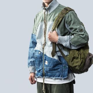 アーミー風 デニムステッチ レトロ ダメージジャケット