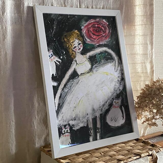 絵画 。壁掛け絵原画【赤いバラ、女の子と猫たちの楽しいバレエの