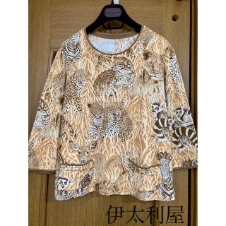 新品 伊太利屋 ラインストーン付き レース切り替え カットソー 9号 茶