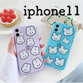 iPhone11 スマホケース 水色　紫　くま　うさぎ(iPhoneケース)