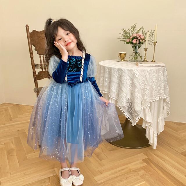 130cm ☆エルサ風ドレス　ハロウィンコスプレ　お誕生日　クリスマス　長袖 キッズ/ベビー/マタニティのキッズ服女の子用(90cm~)(ドレス/フォーマル)の商品写真