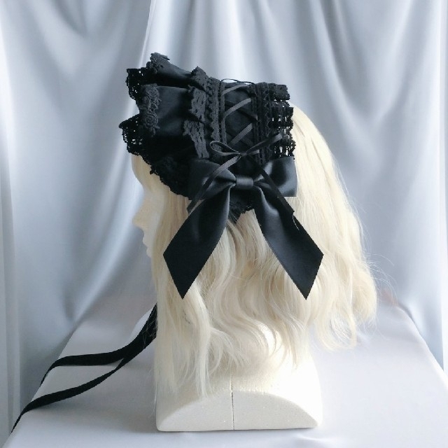 別珍編み上げハーフボンネット風ヘッドドレス 黒の通販 by kuro to iro