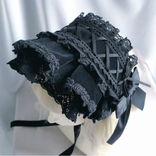 別珍編み上げハーフボンネット風ヘッドドレス 黒の通販 by kuro to iro