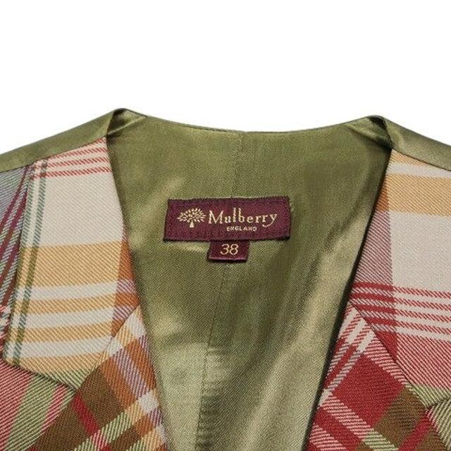 マルベリー Mulberry チェック柄 ベスト ジレ 前開き 切替 サテン