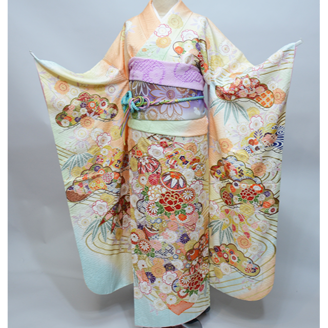 振袖 正絹 着物単品 仕立て上がり サーモンピンク×黄色×黄緑他 NO37969