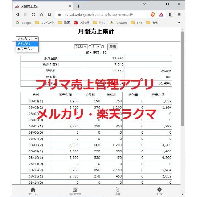 フリマ売上管理用　CSV出力可　クラウドでPC・スマホでデータ共有　各種統計